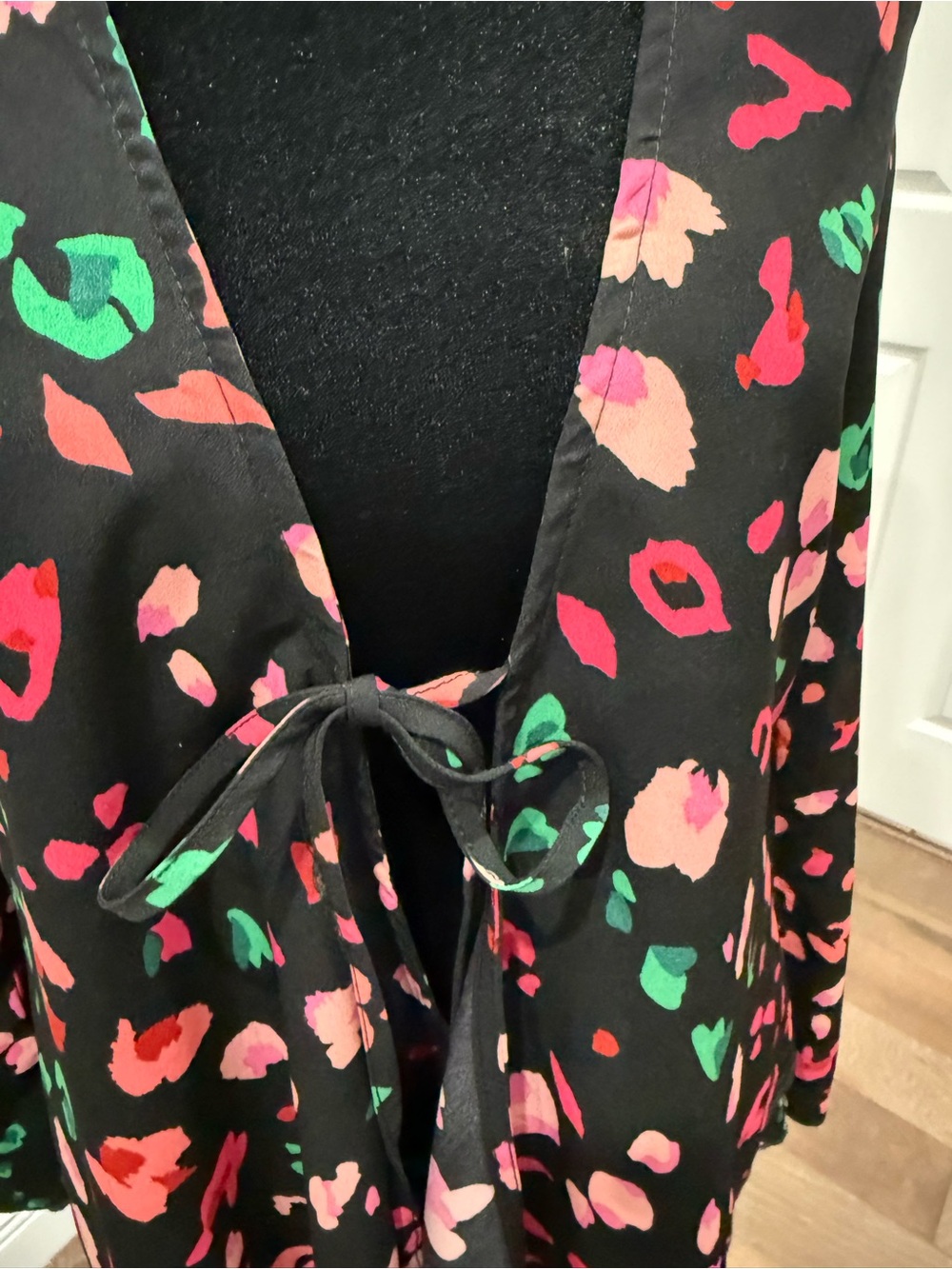 Never Fully Dressed Black Floral Tie-Front Blouse with Pink & Green Accents